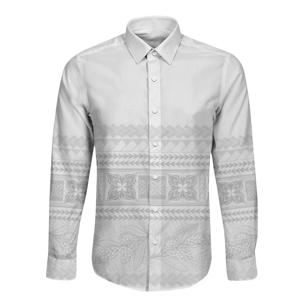 Samoa White Sunday Long Sleeve Button Shirt Lotu Tamaiti Samoan Siapo Teuila Flowers LT14 Unisex White - Polynesian Pride