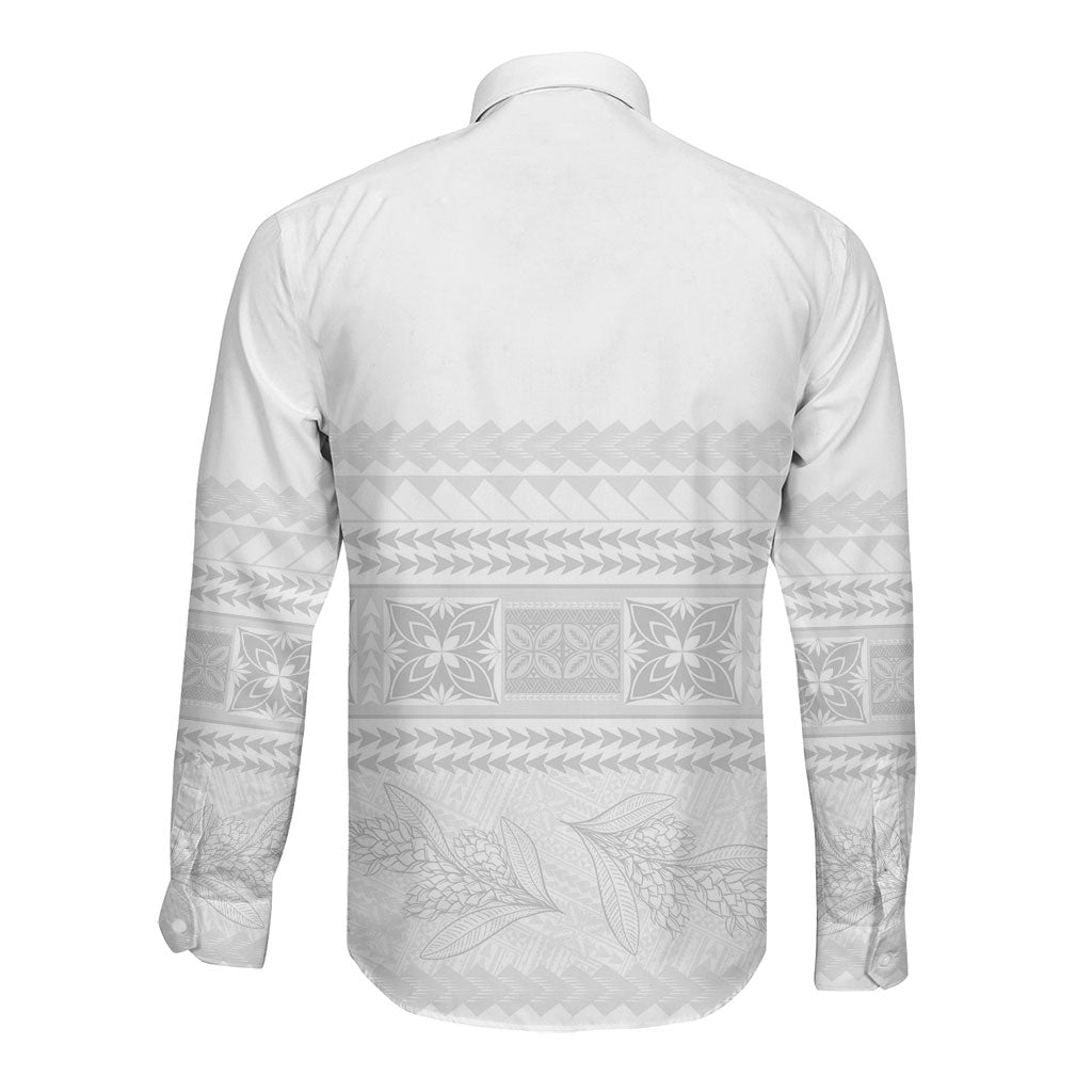 Samoa White Sunday Long Sleeve Button Shirt Lotu Tamaiti Samoan Siapo Teuila Flowers LT14 - Polynesian Pride