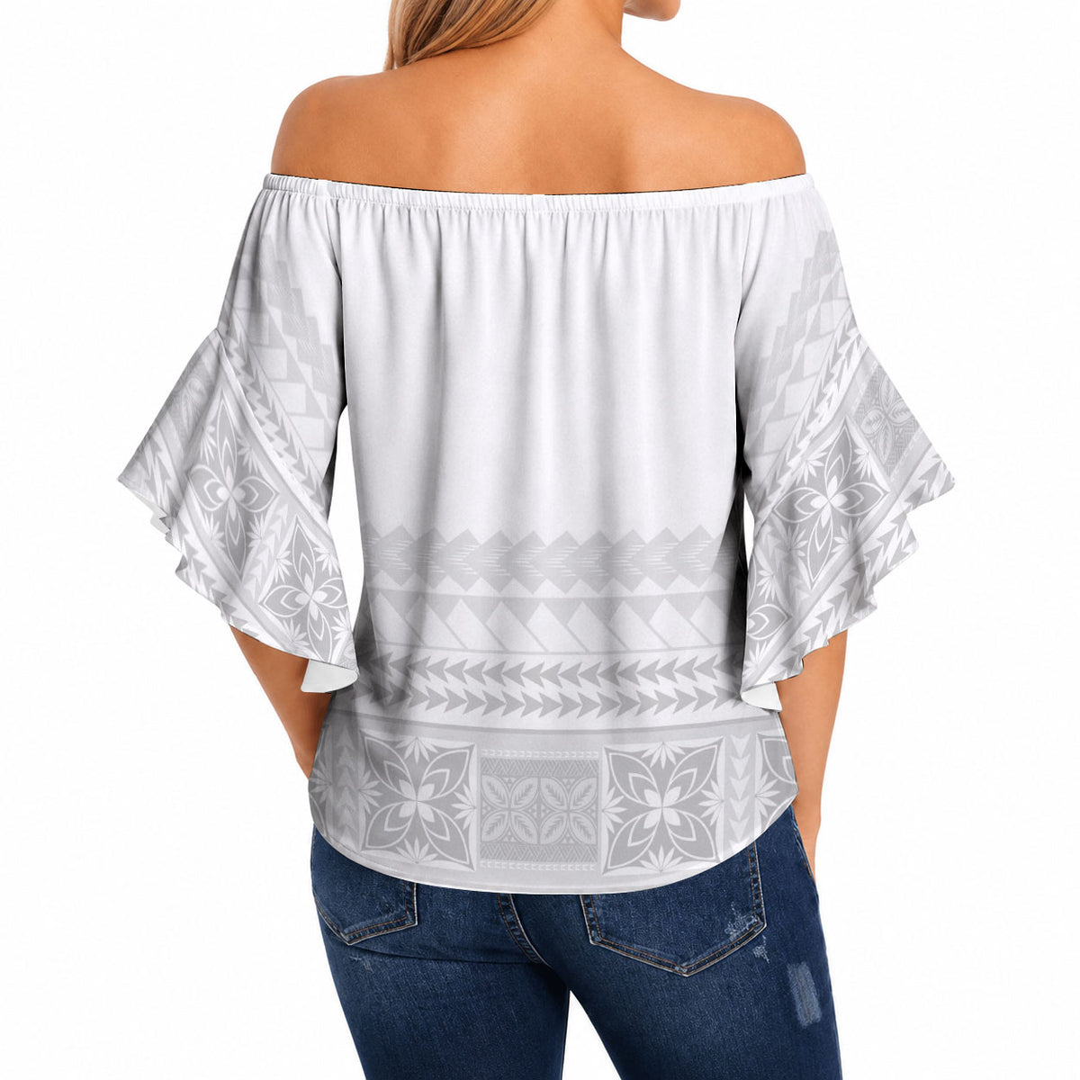 Samoa White Sunday Off Shoulder Wrap Waist Top Lotu Tamaiti Samoan Siapo Teuila Flowers LT14 - Polynesian Pride