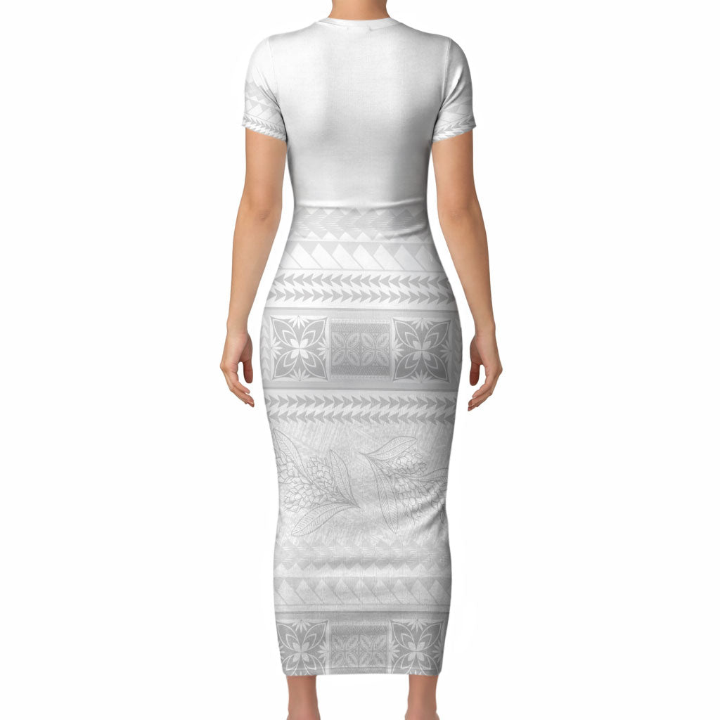Samoa White Sunday Short Sleeve Bodycon Dress Lotu Tamaiti Samoan Siapo Teuila Flowers LT14 - Polynesian Pride