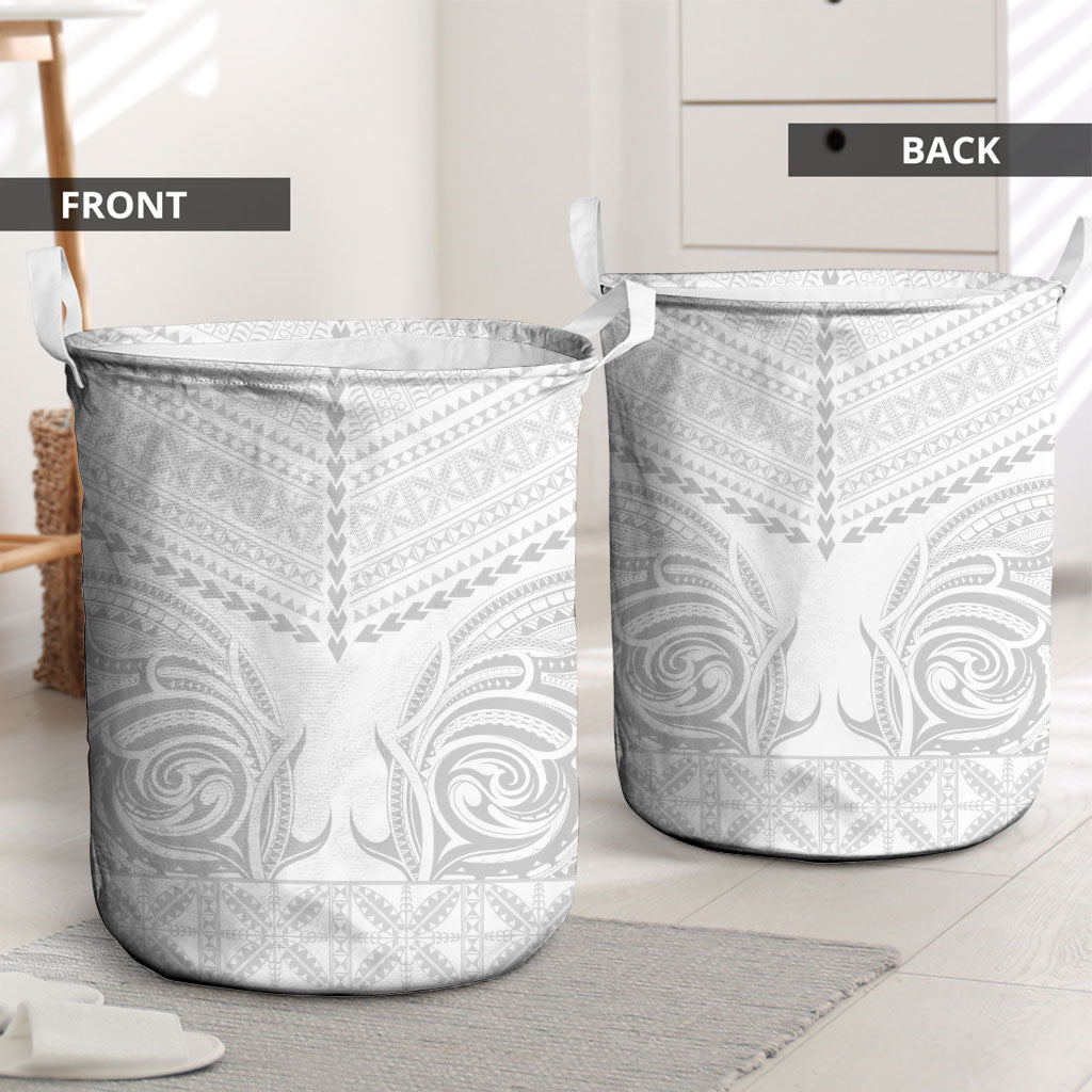 Niue White Sunday Laundry Basket Aho Tapu Fanau Hiapo Pattern LT14 - Polynesian Pride