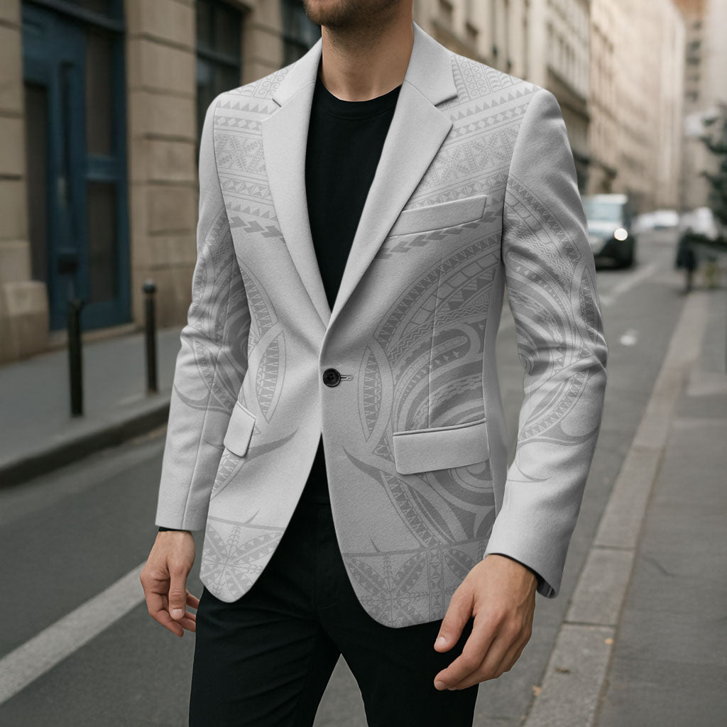 Niue White Sunday Blazer Aho Tapu Fanau Hiapo Pattern LT14 - Polynesian Pride