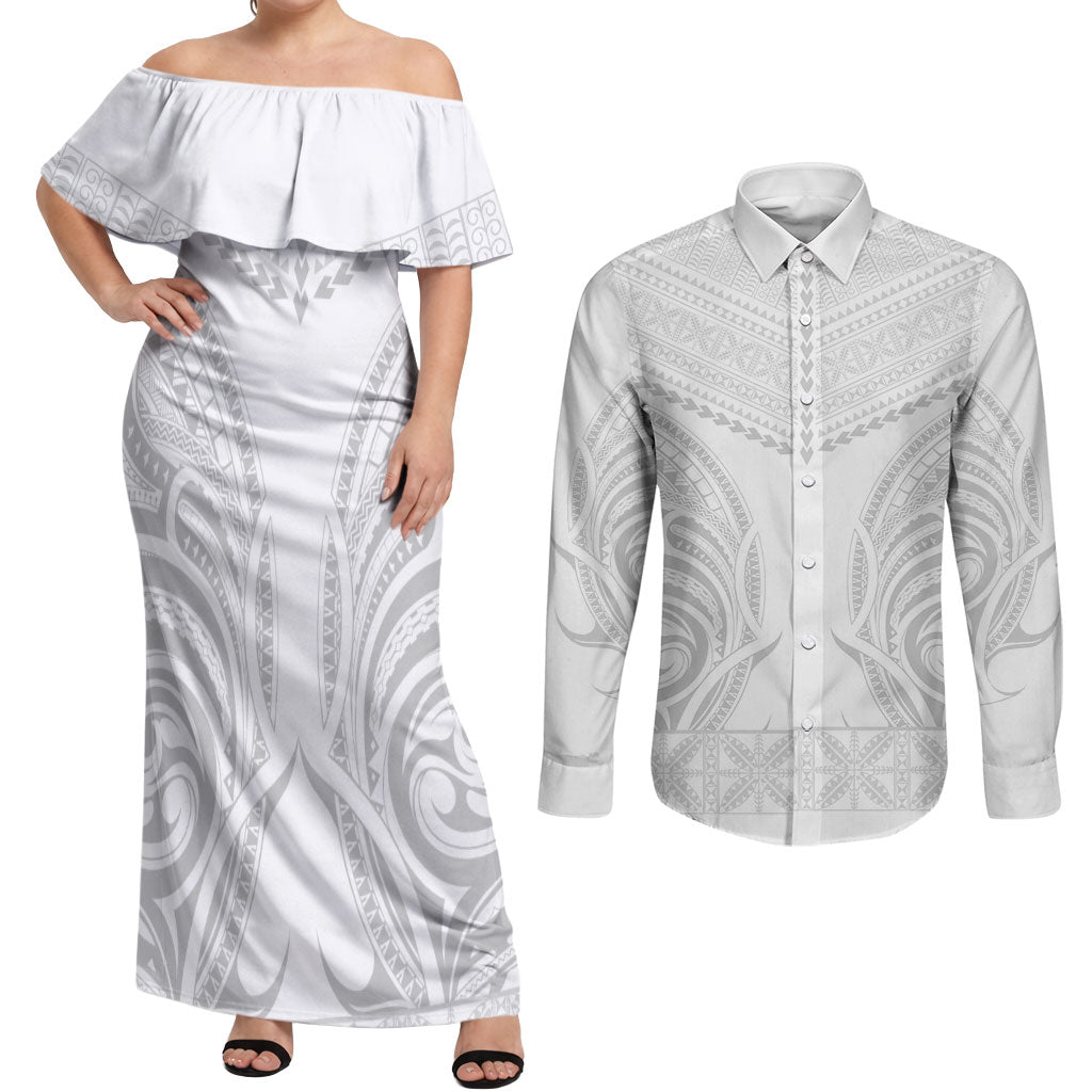 Niue White Sunday Couples Matching Off Shoulder Maxi Dress and Long Sleeve Button Shirt Aho Tapu Fanau Hiapo Pattern LT14 White - Polynesian Pride