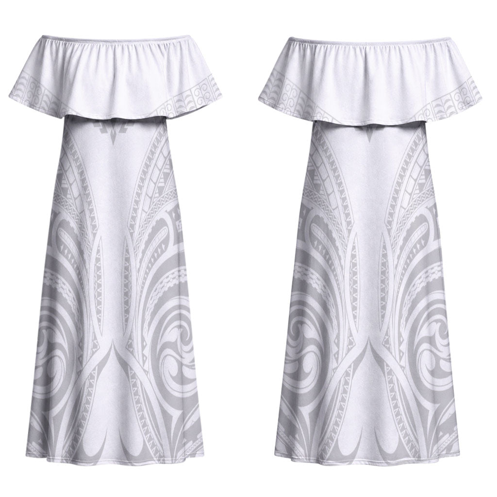Niue White Sunday Couples Matching Off Shoulder Maxi Dress and Long Sleeve Button Shirt Aho Tapu Fanau Hiapo Pattern LT14 - Polynesian Pride