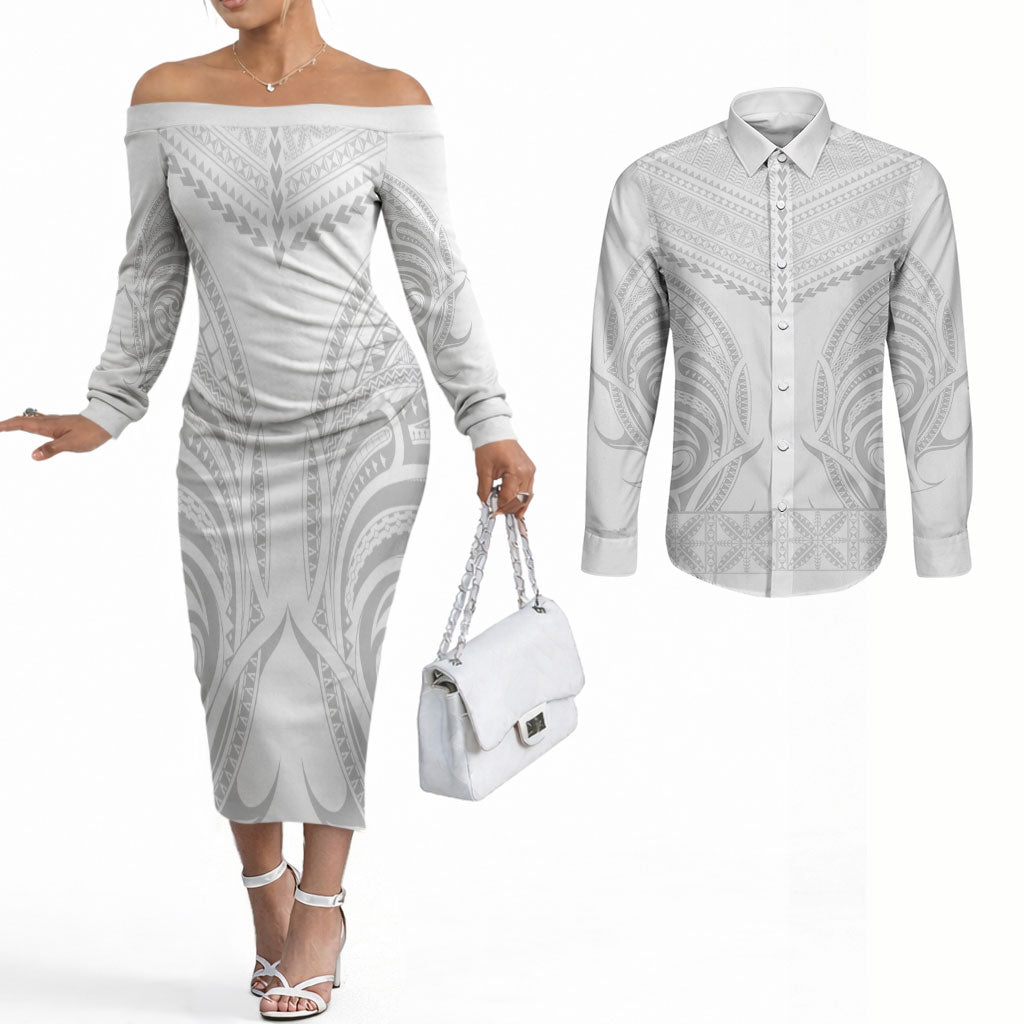 Niue White Sunday Couples Matching Off The Shoulder Long Sleeve Dress and Long Sleeve Button Shirt Aho Tapu Fanau Hiapo Pattern LT14 White - Polynesian Pride