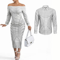 Niue White Sunday Couples Matching Off The Shoulder Long Sleeve Dress and Long Sleeve Button Shirt Aho Tapu Fanau Hiapo Pattern LT14 White - Polynesian Pride