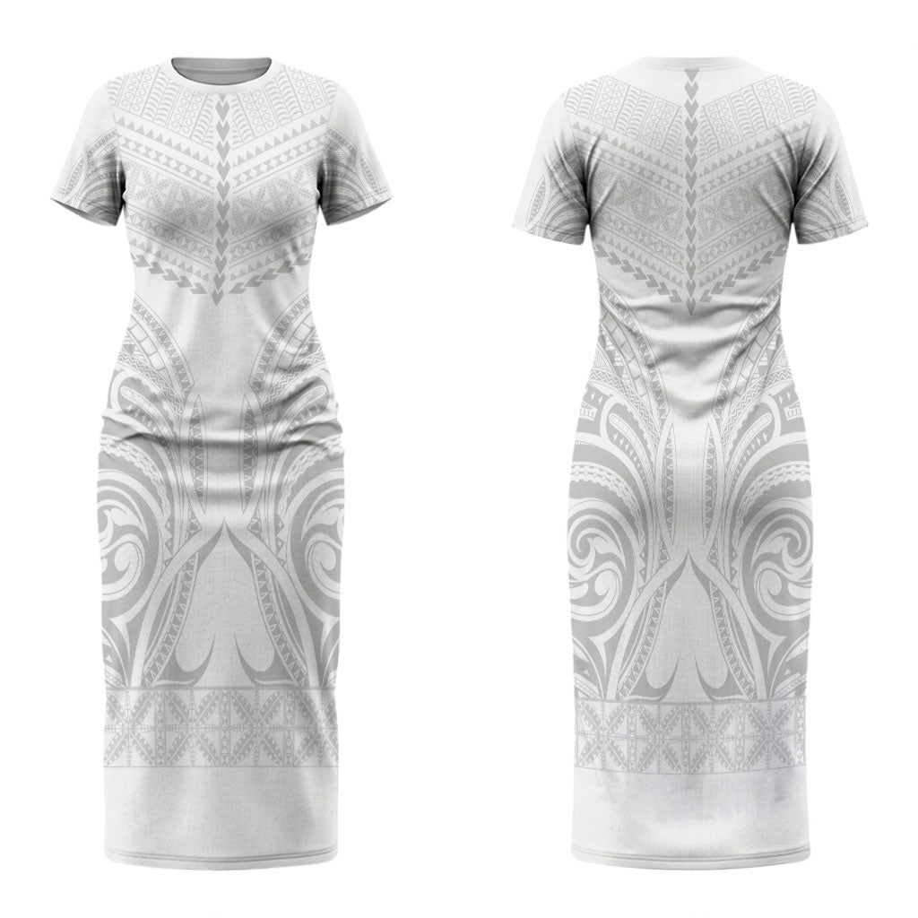 Niue White Sunday Family Matching Short Sleeve Bodycon Dress and Hawaiian Shirt Aho Tapu Fanau Hiapo Pattern LT14 Mom's Dress White - Polynesian Pride