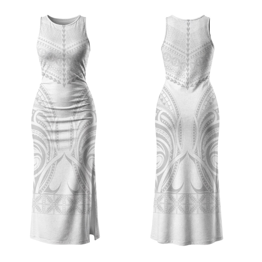 Niue White Sunday Family Matching Tank Maxi Dress and Hawaiian Shirt Aho Tapu Fanau Hiapo Pattern LT14 Mom's Dress White - Polynesian Pride