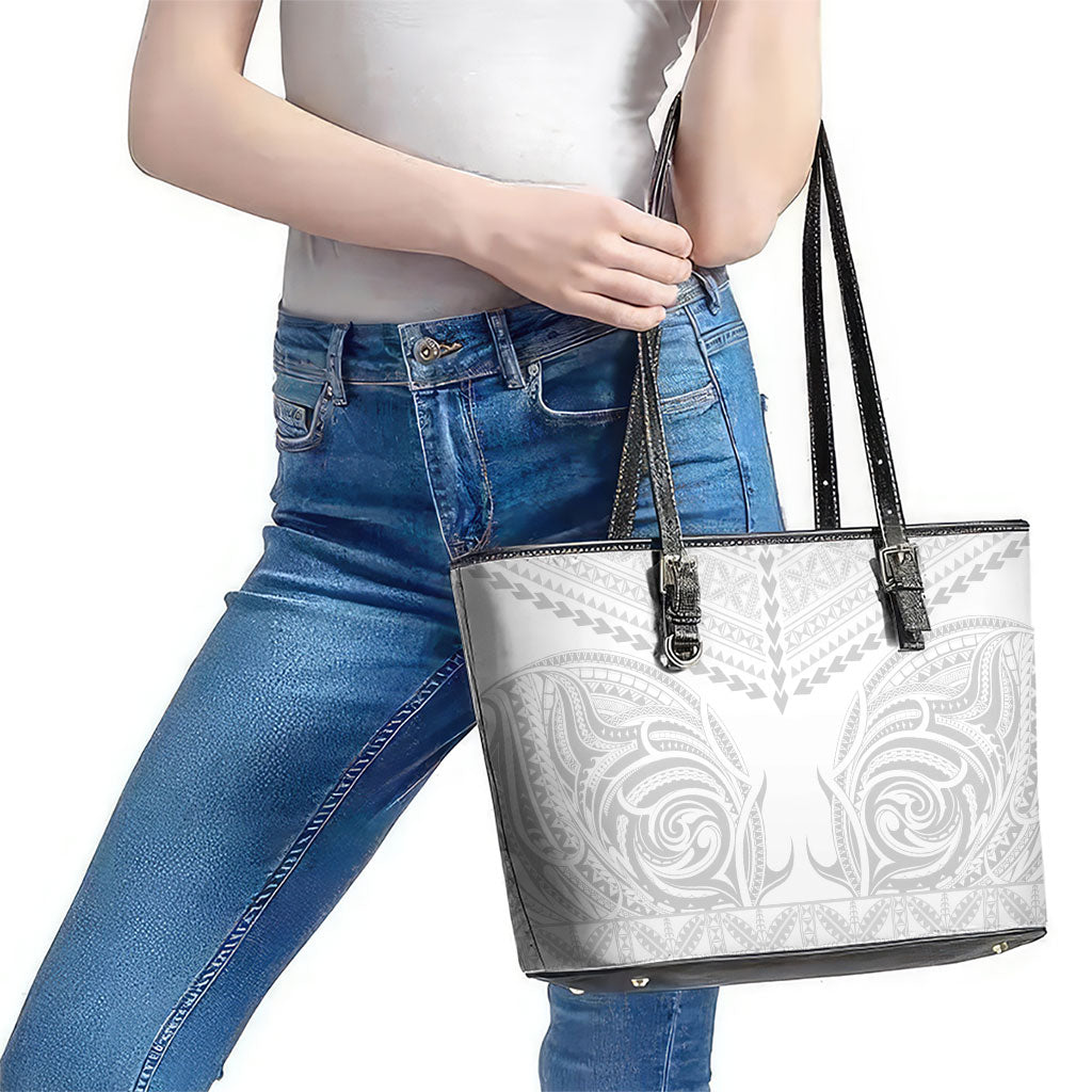 Niue White Sunday Leather Tote Bag Aho Tapu Fanau Hiapo Pattern LT14 - Polynesian Pride