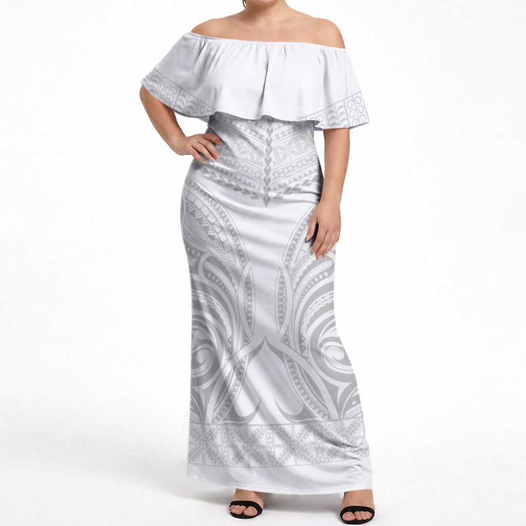 Niue White Sunday Off Shoulder Maxi Dress Aho Tapu Fanau Hiapo Pattern LT14 Women White - Polynesian Pride