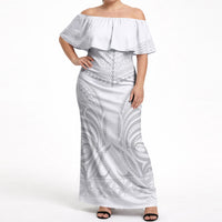 Niue White Sunday Off Shoulder Maxi Dress Aho Tapu Fanau Hiapo Pattern LT14 Women White - Polynesian Pride