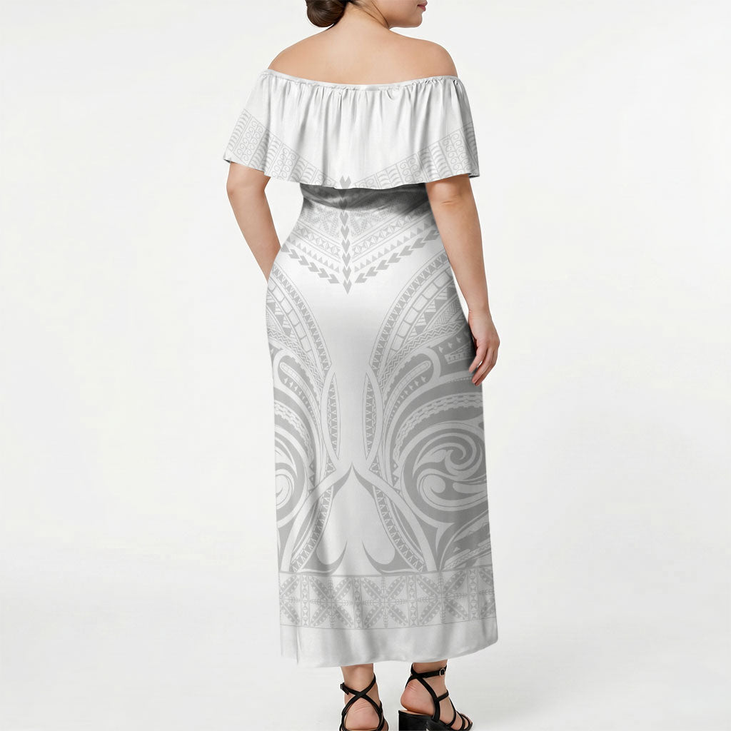 Niue White Sunday Off Shoulder Maxi Dress Aho Tapu Fanau Hiapo Pattern LT14 - Polynesian Pride