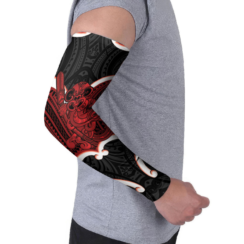 Whero Aotearoa Atua Tumatauenga Personalised Arm Sleeves Maori God Of War Tiki With Taiaha LT14 - Polynesian Pride