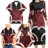 Whero Aotearoa Atua Tumatauenga Personalised Family Matching Long Sleeve Bodycon Dress and Hawaiian Shirt Maori God Of War Tiki With Taiaha