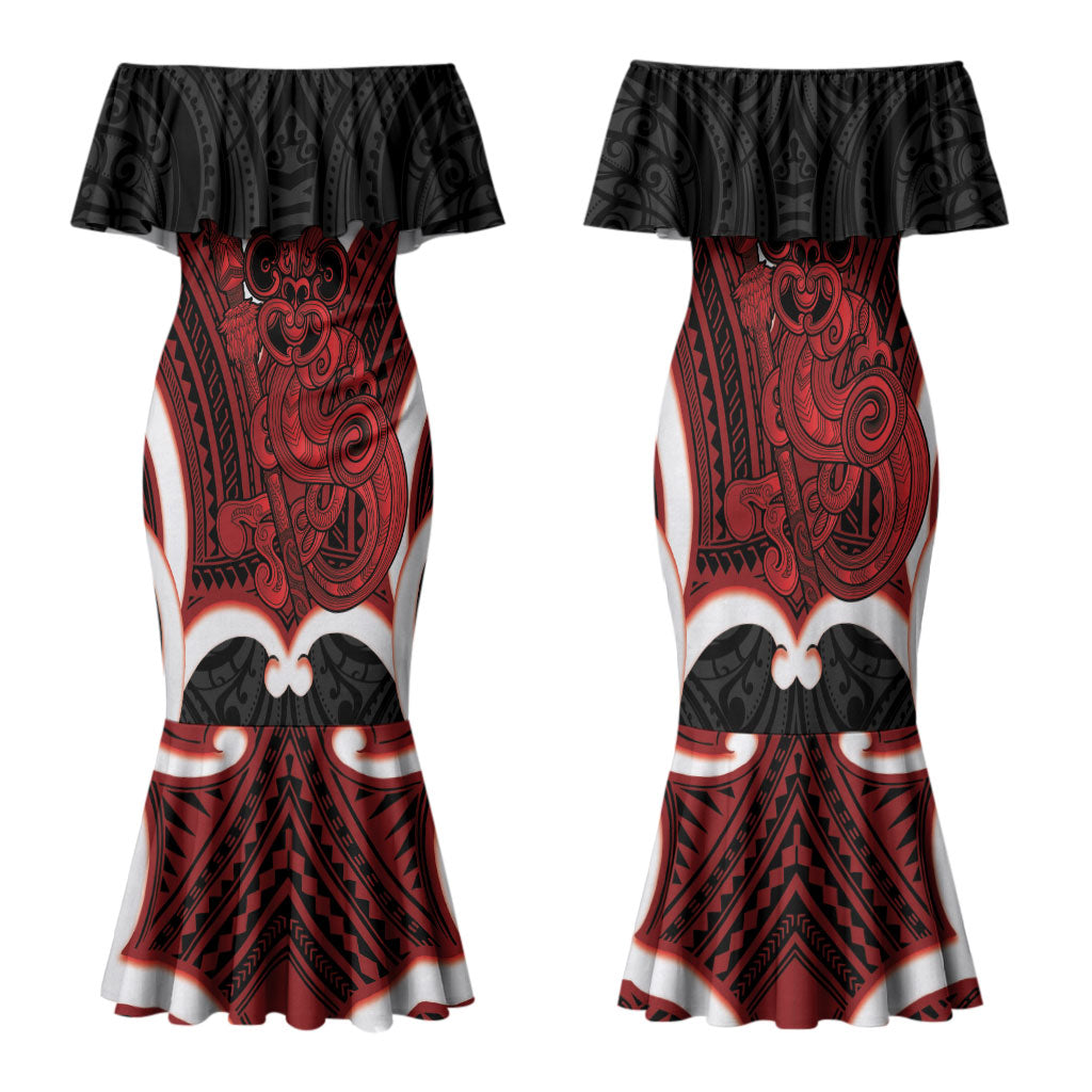 Whero Aotearoa Atua Tumatauenga Personalised Family Matching Mermaid Dress and Hawaiian Shirt Maori God Of War Tiki With Taiaha LT14 Mom's Dress Red - Polynesian Pride