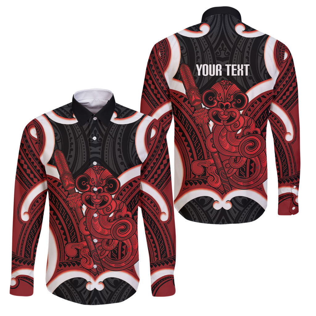Whero Aotearoa Atua Tumatauenga Personalised Family Matching Mermaid Dress and Hawaiian Shirt Maori God Of War Tiki With Taiaha LT14 Dad's Shirt - Long Sleeve Red - Polynesian Pride