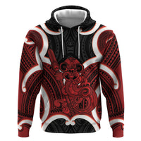 Whero Aotearoa Atua Tumatauenga Personalised Hoodie Maori God Of War Tiki With Taiaha LT14 Pullover Hoodie Red - Polynesian Pride