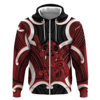 Whero Aotearoa Atua Tumatauenga Personalised Hoodie Maori God Of War Tiki With Taiaha LT14 Zip Hoodie Red - Polynesian Pride