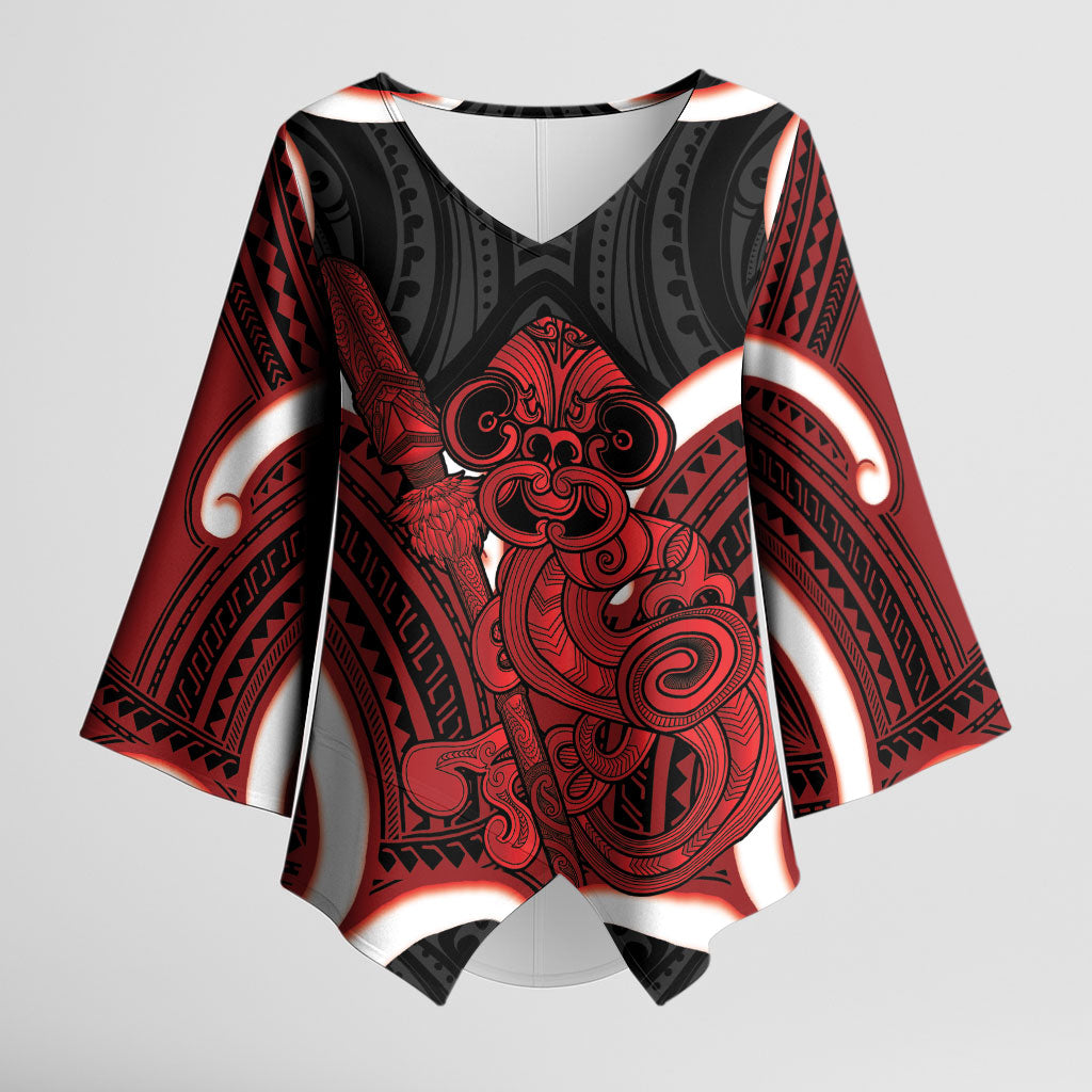Whero Aotearoa Atua Tumatauenga Personalised Kimono Sleeve Blouse Maori God Of War Tiki With Taiaha LT14 Female Red - Polynesian Pride