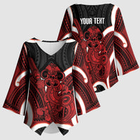 Whero Aotearoa Atua Tumatauenga Personalised Kimono Sleeve Blouse Maori God Of War Tiki With Taiaha LT14 - Polynesian Pride