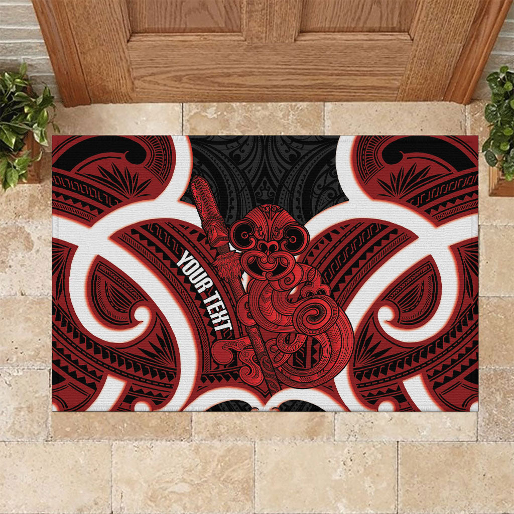 Whero Aotearoa Atua Tumatauenga Personalised Rubber Doormat Maori God Of War Tiki With Taiaha LT14 Red - Polynesian Pride