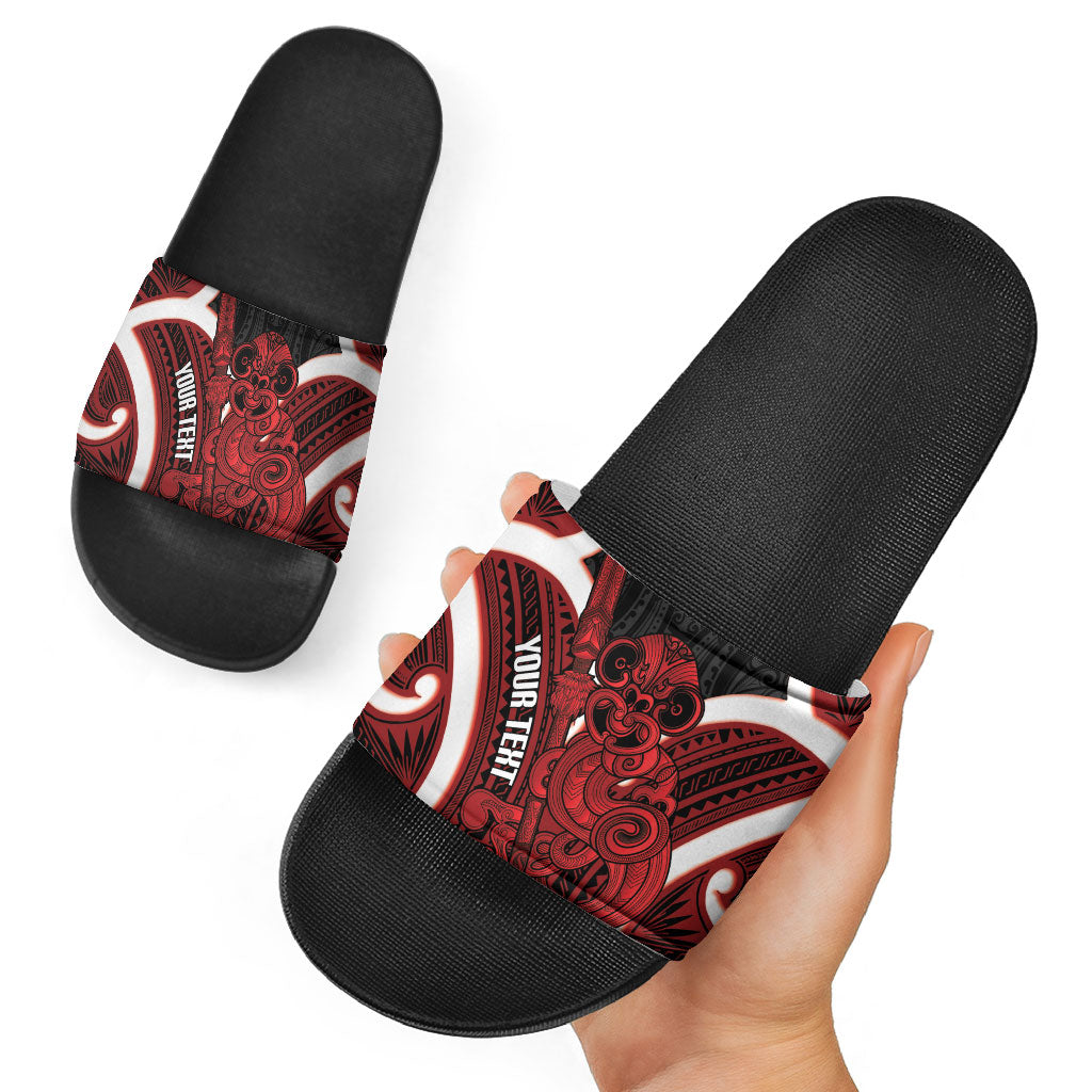 Whero Aotearoa Atua Tumatauenga Personalised Slide Sandals Maori God Of War Tiki With Taiaha LT14 - Polynesian Pride