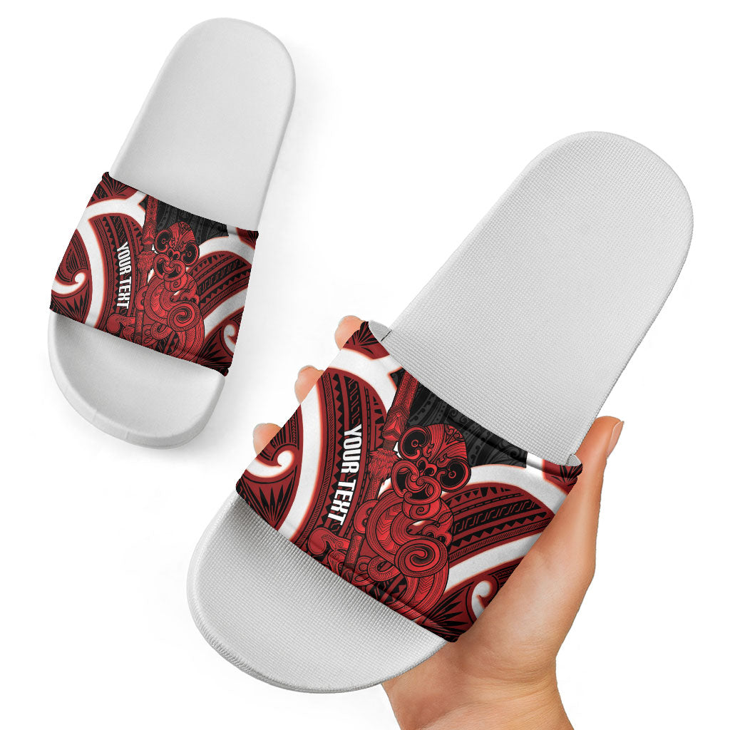 Whero Aotearoa Atua Tumatauenga Personalised Slide Sandals Maori God Of War Tiki With Taiaha LT14 - Polynesian Pride