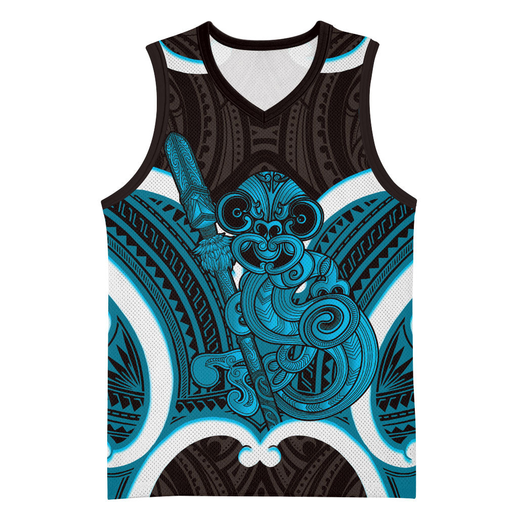 Kikorangi Aotearoa Atua Tumatauenga Personalised Basketball Jersey Maori God Of War Tiki With Taiaha LT14 Unisex Blue - Polynesian Pride