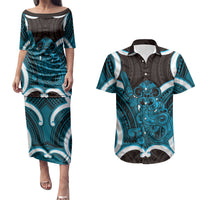 Kikorangi Aotearoa Atua Tumatauenga Personalised Couples Matching Puletasi and Hawaiian Shirt Maori God Of War Tiki With Taiaha LT14 Blue - Polynesian Pride