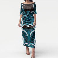 Kikorangi Aotearoa Atua Tumatauenga Personalised Puletasi Maori God Of War Tiki With Taiaha LT14 Long Dress Blue - Polynesian Pride