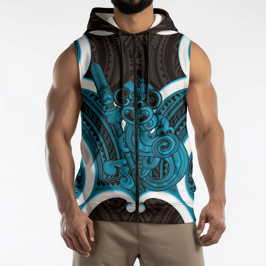 Kikorangi Aotearoa Atua Tumatauenga Personalised Sleeveless Zip Hoodie Maori God Of War Tiki With Taiaha LT14 - Polynesian Pride