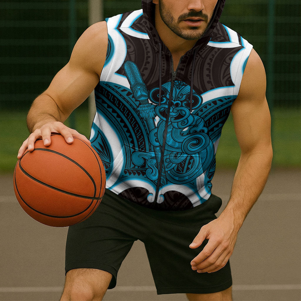 Kikorangi Aotearoa Atua Tumatauenga Personalised Sleeveless Zip Hoodie Maori God Of War Tiki With Taiaha LT14 - Polynesian Pride