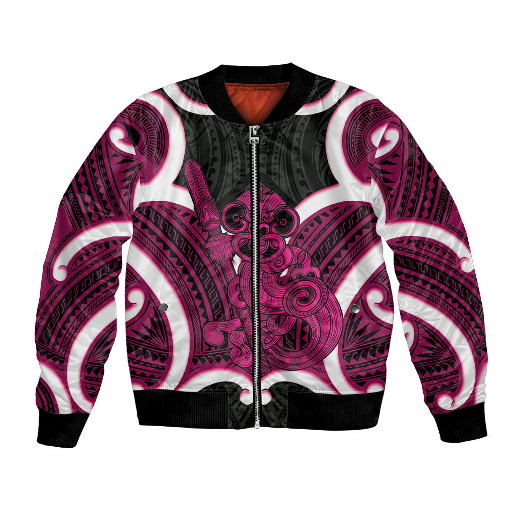 Mawhero Aotearoa Atua Tumatauenga Personalised Bomber Jacket Maori God Of War Tiki With Taiaha LT14 Unisex Pink - Polynesian Pride