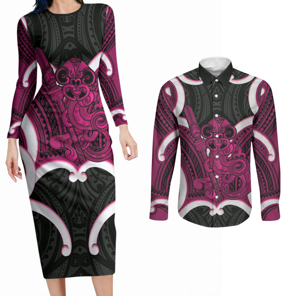 Mawhero Aotearoa Atua Tumatauenga Personalised Couples Matching Long Sleeve Bodycon Dress and Long Sleeve Button Shirt Maori God Of War Tiki With Taiaha