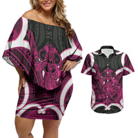 Mawhero Aotearoa Atua Tumatauenga Personalised Couples Matching Off Shoulder Short Dress and Hawaiian Shirt Maori God Of War Tiki With Taiaha LT14 Pink - Polynesian Pride