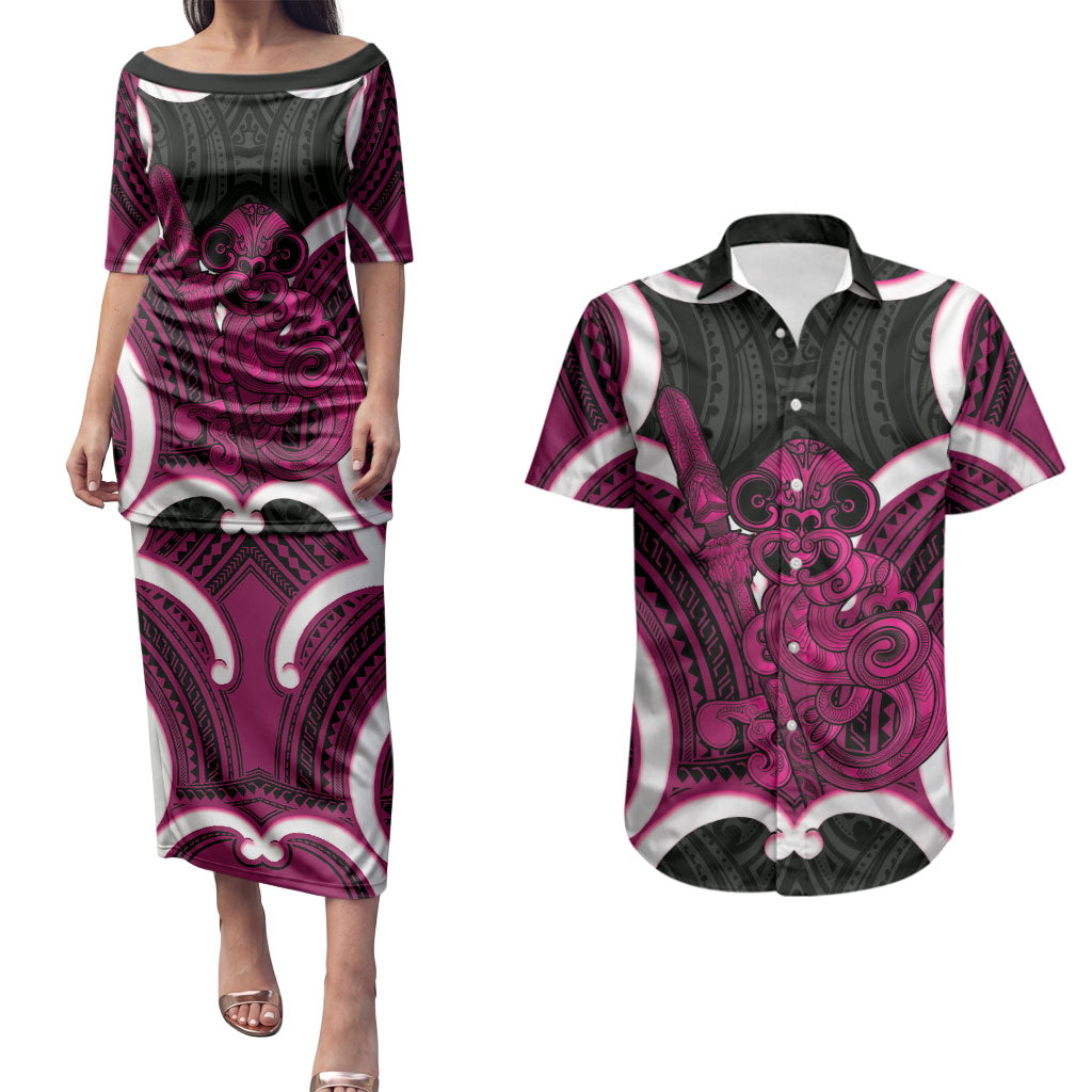 Mawhero Aotearoa Atua Tumatauenga Personalised Couples Matching Puletasi and Hawaiian Shirt Maori God Of War Tiki With Taiaha LT14 Pink - Polynesian Pride