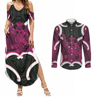 Mawhero Aotearoa Atua Tumatauenga Personalised Couples Matching Summer Maxi Dress and Long Sleeve Button Shirt Maori God Of War Tiki With Taiaha