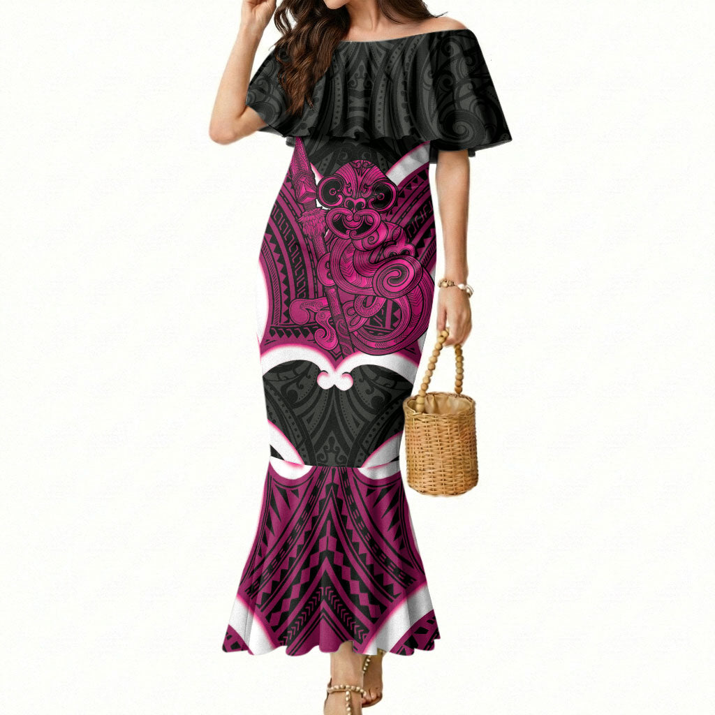 Mawhero Aotearoa Atua Tumatauenga Personalised Mermaid Dress Maori God Of War Tiki With Taiaha LT14 Women Pink - Polynesian Pride