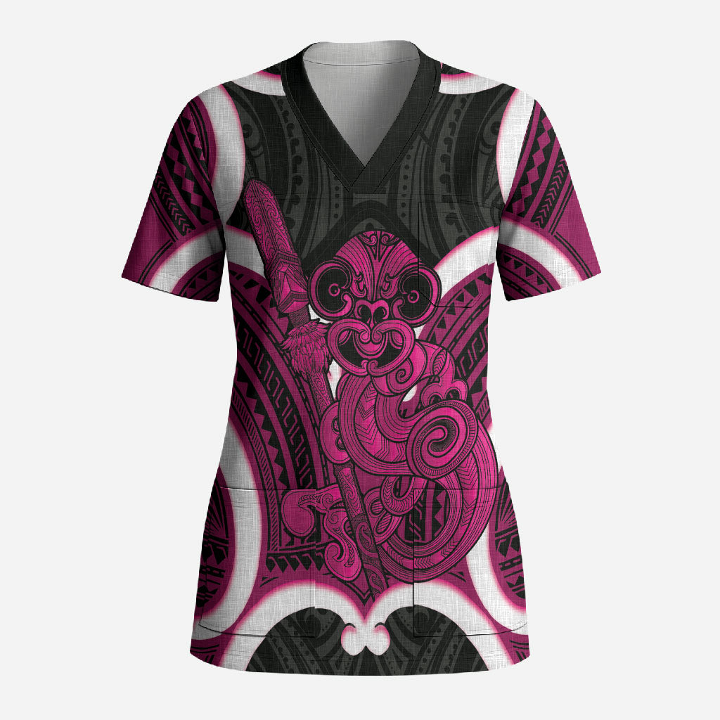 Mawhero Aotearoa Atua Tumatauenga Personalised Scrub Top Maori God Of War Tiki With Taiaha LT14 Adult Pink - Polynesian Pride