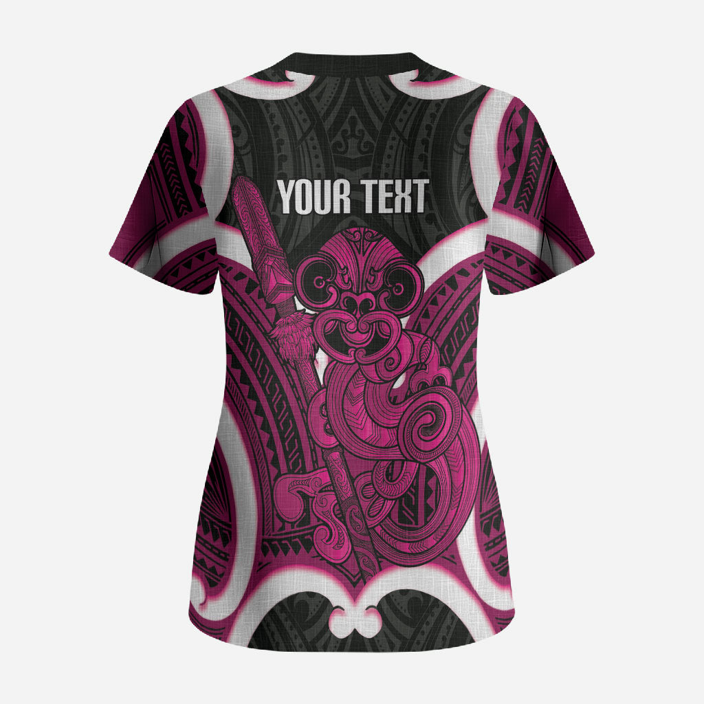 Mawhero Aotearoa Atua Tumatauenga Personalised Scrub Top Maori God Of War Tiki With Taiaha LT14 - Polynesian Pride