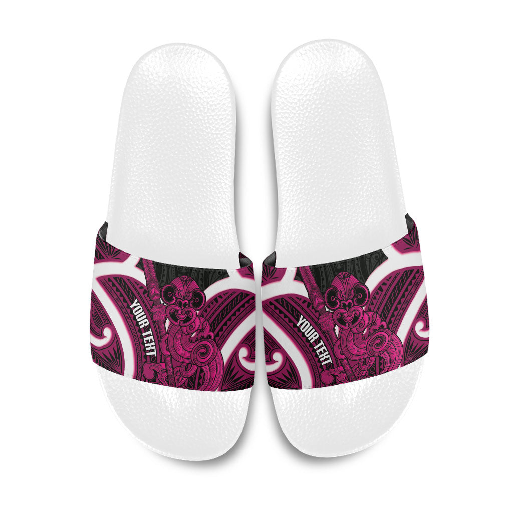 Mawhero Aotearoa Atua Tumatauenga Personalised Slide Sandals Maori God Of War Tiki With Taiaha LT14 Pink - Polynesian Pride