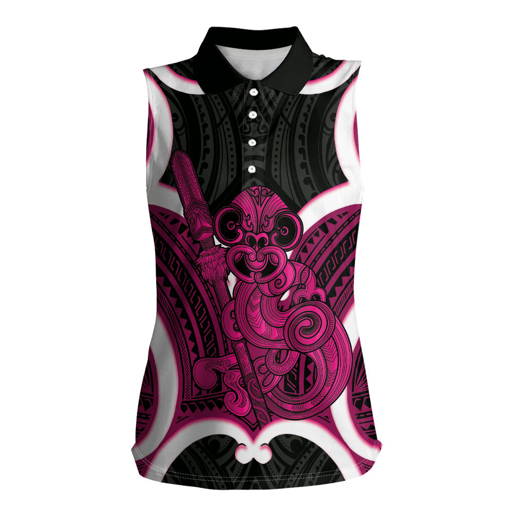 Mawhero Aotearoa Atua Tumatauenga Personalised Women Sleeveless Polo Shirt Maori God Of War Tiki With Taiaha LT14 Female Pink - Polynesian Pride
