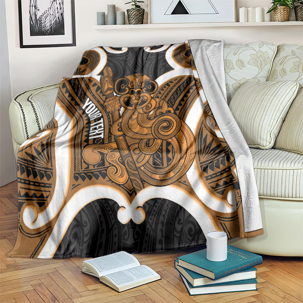 Karaka Aotearoa Atua Tumatauenga Personalised Blanket Maori God Of War Tiki With Taiaha LT14 Orange - Polynesian Pride