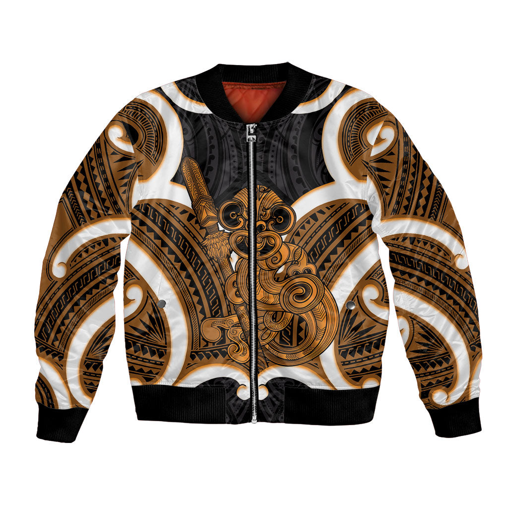Karaka Aotearoa Atua Tumatauenga Personalised Bomber Jacket Maori God Of War Tiki With Taiaha LT14 Unisex Orange - Polynesian Pride