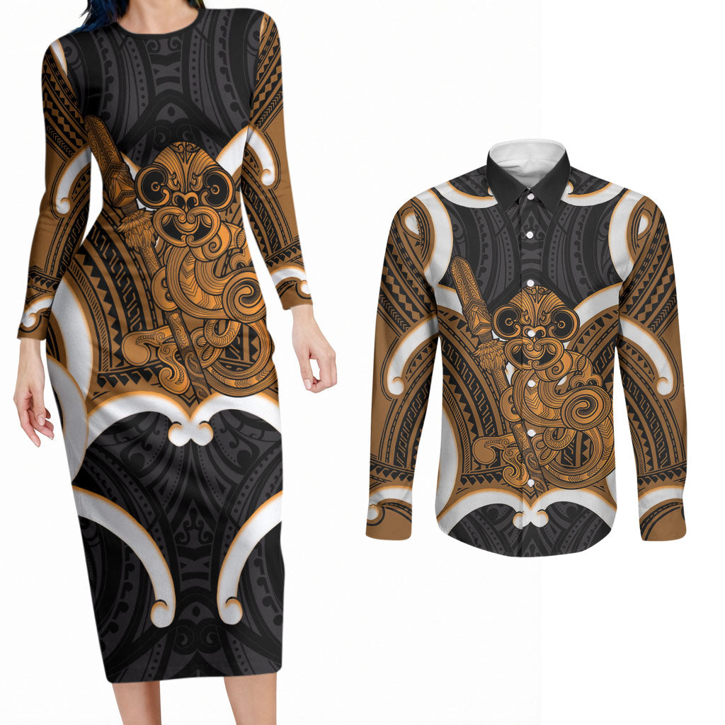 Karaka Aotearoa Atua Tumatauenga Personalised Couples Matching Long Sleeve Bodycon Dress and Long Sleeve Button Shirt Maori God Of War Tiki With Taiaha LT14 Orange - Polynesian Pride