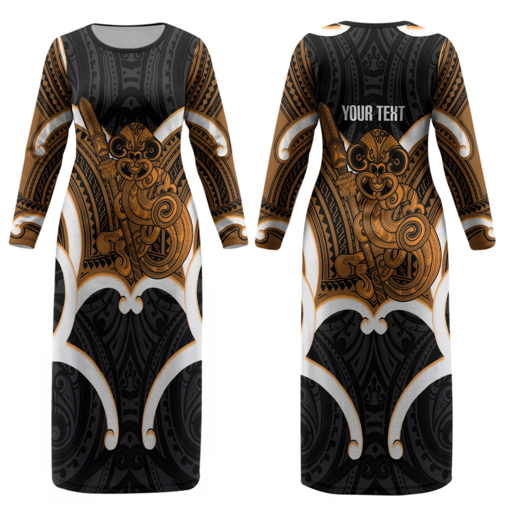 Karaka Aotearoa Atua Tumatauenga Personalised Couples Matching Long Sleeve Bodycon Dress and Long Sleeve Button Shirt Maori God Of War Tiki With Taiaha LT14 - Polynesian Pride