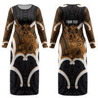 Karaka Aotearoa Atua Tumatauenga Personalised Couples Matching Long Sleeve Bodycon Dress and Long Sleeve Button Shirt Maori God Of War Tiki With Taiaha LT14 - Polynesian Pride
