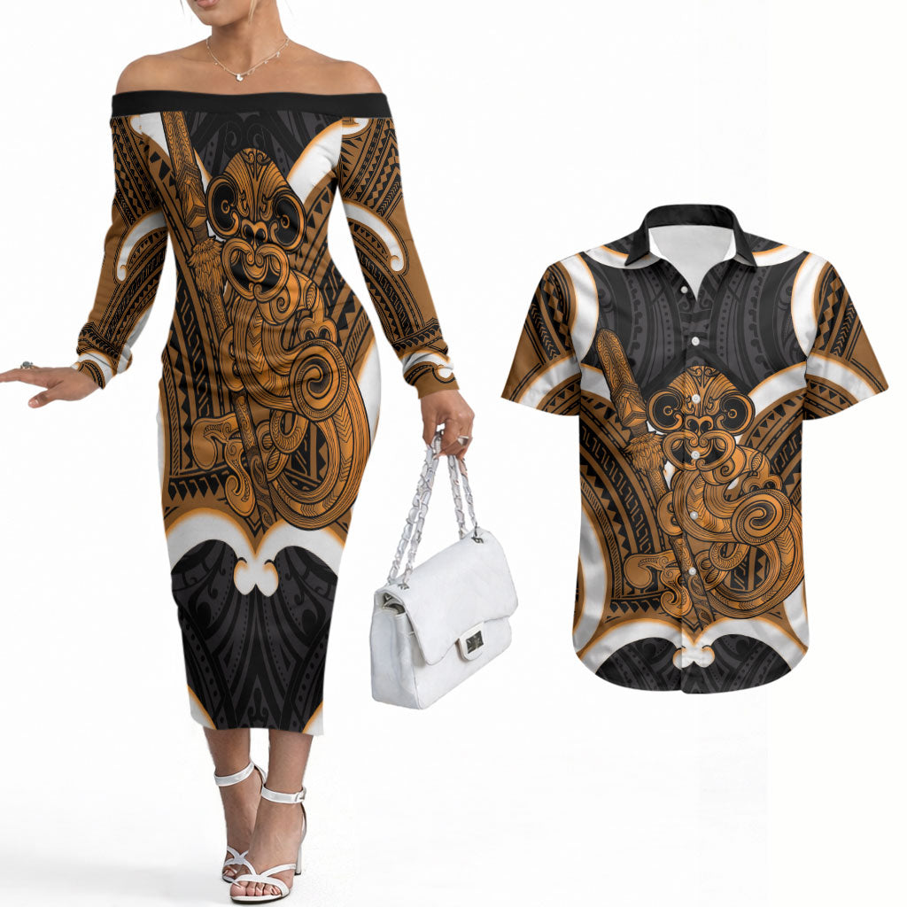 Karaka Aotearoa Atua Tumatauenga Personalised Couples Matching Off The Shoulder Long Sleeve Dress and Hawaiian Shirt Maori God Of War Tiki With Taiaha LT14 Orange - Polynesian Pride