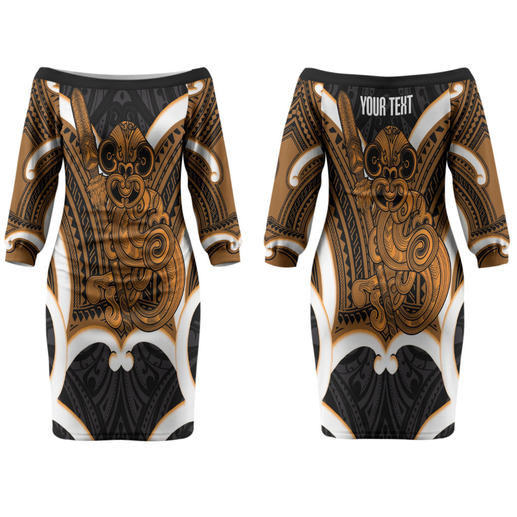 Karaka Aotearoa Atua Tumatauenga Personalised Couples Matching Off The Shoulder Long Sleeve Dress and Hawaiian Shirt Maori God Of War Tiki With Taiaha LT14 - Polynesian Pride