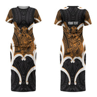 Karaka Aotearoa Atua Tumatauenga Personalised Couples Matching Short Sleeve Bodycon Dress and Hawaiian Shirt Maori God Of War Tiki With Taiaha LT14 - Polynesian Pride
